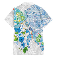 Hawaiian Couple Turtles Honi Family Matching Mermaid Dress and Hawaiian Shirt Polynesian Art Motifs and Hibiscus White Blue Color - Polynesian Pride
