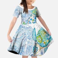 Hawaiian Couple Turtles Honi Family Matching Off Shoulder Maxi Dress and Hawaiian Shirt Polynesian Art Motifs and Hibiscus White Blue Color - Polynesian Pride