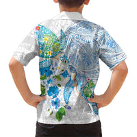 Hawaiian Couple Turtles Honi Family Matching Short Sleeve Bodycon Dress and Hawaiian Shirt Polynesian Art Motifs and Hibiscus White Blue Color - Polynesian Pride