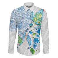 Hawaiian Couple Turtles Honi Family Matching Short Sleeve Bodycon Dress and Hawaiian Shirt Polynesian Art Motifs and Hibiscus White Blue Color - Polynesian Pride