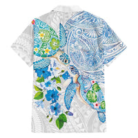Hawaiian Couple Turtles Honi Family Matching Tank Maxi Dress and Hawaiian Shirt Polynesian Art Motifs and Hibiscus White Blue Color - Polynesian Pride