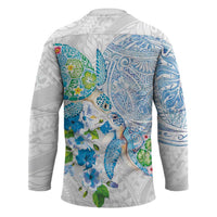 Hawaiian Couple Turtles Honi Hockey Jersey Polynesian Art Motifs and Hibiscus White Blue Color - Polynesian Pride