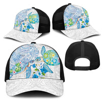 Hawaiian Couple Turtles Honi Mesh Trucker Cap Polynesian Art Motifs and Hibiscus White Blue Color - Polynesian Pride