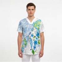 Hawaiian Couple Turtles Honi Scrub Top Polynesian Art Motifs and Hibiscus White Blue Color LT03 - Polynesian Pride