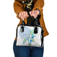 Hawaiian Couple Turtles Honi Shoulder Handbag Polynesian Art Motifs and Hibiscus White Blue Color - Polynesian Pride