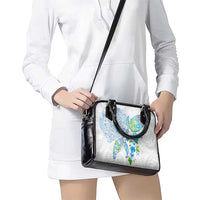 Hawaiian Couple Turtles Honi Shoulder Handbag Polynesian Art Motifs and Hibiscus White Blue Color - Polynesian Pride