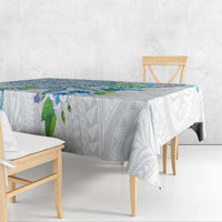 Hawaiian Couple Turtles Honi Tablecloth Polynesian Art Motifs and Hibiscus White Blue Color - Polynesian Pride