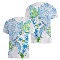 Hawaiian Couple Turtles Honi Women V-Neck T-Shirt Polynesian Art Motifs and Hibiscus White Blue Color - Polynesian Pride