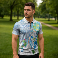 Hawaiian Couple Turtles Honi Zipper Polo Shirt Polynesian Art Motifs and Hibiscus White Blue Color - Polynesian Pride