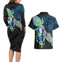 Hawaiian Couple Turtles Honi Couples Matching Long Sleeve Bodycon Dress and Hawaiian Shirt Polynesian Art Motifs and Hibiscus Black Blue Color - Polynesian Pride