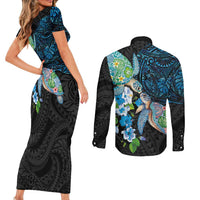 Hawaiian Couple Turtles Honi Couples Matching Short Sleeve Bodycon Dress and Long Sleeve Button Shirt Polynesian Art Motifs and Hibiscus Black Blue Color - Polynesian Pride