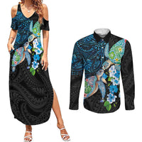 Hawaiian Couple Turtles Honi Couples Matching Summer Maxi Dress and Long Sleeve Button Shirt Polynesian Art Motifs and Hibiscus Black Blue Color - Polynesian Pride