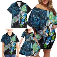 Hawaiian Couple Turtles Honi Family Matching Off Shoulder Short Dress and Hawaiian Shirt Polynesian Art Motifs and Hibiscus Black Blue Color - Polynesian Pride