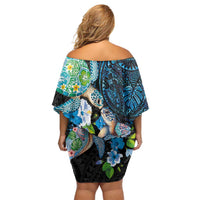 Hawaiian Couple Turtles Honi Family Matching Off Shoulder Short Dress and Hawaiian Shirt Polynesian Art Motifs and Hibiscus Black Blue Color - Polynesian Pride