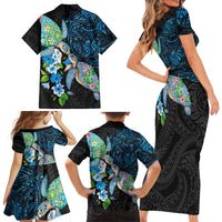Hawaiian Couple Turtles Honi Family Matching Short Sleeve Bodycon Dress and Hawaiian Shirt Polynesian Art Motifs and Hibiscus Black Blue Color - Polynesian Pride