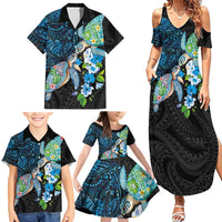 Hawaiian Couple Turtles Honi Family Matching Summer Maxi Dress and Hawaiian Shirt Polynesian Art Motifs and Hibiscus Black Blue Color - Polynesian Pride