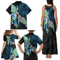 Hawaiian Couple Turtles Honi Family Matching Tank Maxi Dress and Hawaiian Shirt Polynesian Art Motifs and Hibiscus Black Blue Color - Polynesian Pride