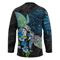 Hawaiian Couple Turtles Honi Hockey Jersey Polynesian Art Motifs and Hibiscus Black Blue Color - Polynesian Pride