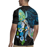Hawaiian Couple Turtles Honi Rugby Jersey Polynesian Art Motifs and Hibiscus Black Blue Color - Polynesian Pride