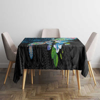 Hawaiian Couple Turtles Honi Tablecloth Polynesian Art Motifs and Hibiscus Black Blue Color LT03 - Polynesian Pride