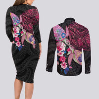 Hawaiian Couple Turtles Honi Couples Matching Long Sleeve Bodycon Dress and Long Sleeve Button Shirt Polynesian Art Motifs and Hibiscus Black Red Color - Polynesian Pride