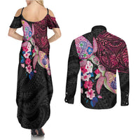 Hawaiian Couple Turtles Honi Couples Matching Summer Maxi Dress and Long Sleeve Button Shirt Polynesian Art Motifs and Hibiscus Black Red Color - Polynesian Pride
