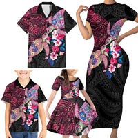 Hawaiian Couple Turtles Honi Family Matching Short Sleeve Bodycon Dress and Hawaiian Shirt Polynesian Art Motifs and Hibiscus Black Red Color - Polynesian Pride