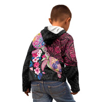 Hawaiian Couple Turtles Honi Kid Hoodie Polynesian Art Motifs and Hibiscus Black Red Color - Polynesian Pride