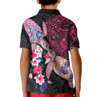 Hawaiian Couple Turtles Honi Kid Polo Shirt Polynesian Art Motifs and Hibiscus Black Red Color - Polynesian Pride