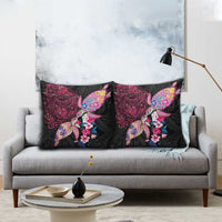 Hawaiian Couple Turtles Honi Pillow Cover Polynesian Art Motifs and Hibiscus Black Red Color - Polynesian Pride