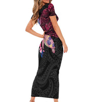 Hawaiian Couple Turtles Honi Short Sleeve Bodycon Dress Polynesian Art Motifs and Hibiscus Black Red Color - Polynesian Pride