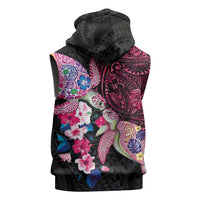 Hawaiian Couple Turtles Honi Sleeveless Hoodie Polynesian Art Motifs and Hibiscus Black Red Color - Polynesian Pride