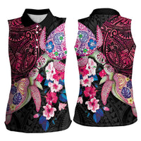 Hawaiian Couple Turtles Honi Women Sleeveless Polo Shirt Polynesian Art Motifs and Hibiscus Black Red Color - Polynesian Pride