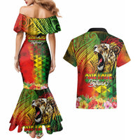 Hawaiian Reggae Couples Matching Mermaid Dress and Hawaiian Shirt Jawaiian One Love-Tribal Tatoos and Rastafari Lion - Polynesian Pride