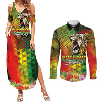 Hawaiian Reggae Couples Matching Summer Maxi Dress and Long Sleeve Button Shirt Jawaiian One Love-Tribal Tatoos and Rastafari Lion - Polynesian Pride