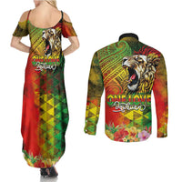 Hawaiian Reggae Couples Matching Summer Maxi Dress and Long Sleeve Button Shirt Jawaiian One Love-Tribal Tatoos and Rastafari Lion - Polynesian Pride
