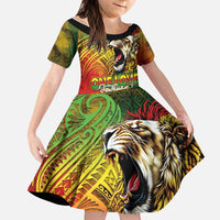 Hawaiian Reggae Family Matching Long Sleeve Bodycon Dress and Hawaiian Shirt Jawaiian One Love-Tribal Tatoos and Rastafari Lion LT03 Daughter's Dress Multicolor - Polynesian Pride