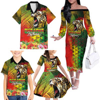 Hawaiian Reggae Family Matching Off The Shoulder Long Sleeve Dress and Hawaiian Shirt Jawaiian One Love-Tribal Tatoos and Rastafari Lion - Polynesian Pride