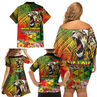 Hawaiian Reggae Family Matching Off Shoulder Short Dress and Hawaiian Shirt Jawaiian One Love-Tribal Tatoos and Rastafari Lion LT03 - Polynesian Pride