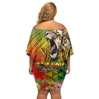 Hawaiian Reggae Family Matching Off Shoulder Short Dress and Hawaiian Shirt Jawaiian One Love-Tribal Tatoos and Rastafari Lion LT03 - Polynesian Pride
