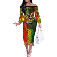 Hawaiian Reggae Off The Shoulder Long Sleeve Dress Jawaiian One Love-Tribal Tatoos and Rastafari Lion - Polynesian Pride
