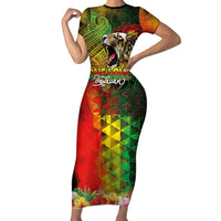 Hawaiian Reggae Short Sleeve Bodycon Dress Jawaiian One Love-Tribal Tatoos and Rastafari Lion - Polynesian Pride