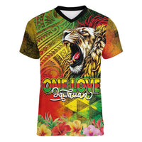 Hawaiian Reggae Women V-Neck T-Shirt Jawaiian One Love-Tribal Tatoos and Rastafari Lion - Polynesian Pride