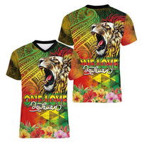 Hawaiian Reggae Women V-Neck T-Shirt Jawaiian One Love-Tribal Tatoos and Rastafari Lion - Polynesian Pride
