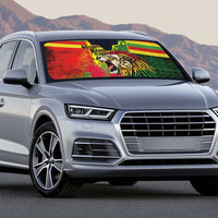 Hawaiian Reggae Auto Sun Shade Kakau Art Motifs with Ohia Lehua and Rastafari Lion - Polynesian Pride