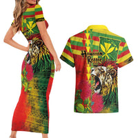 Hawaiian Reggae Couples Matching Short Sleeve Bodycon Dress and Hawaiian Shirt Kakau Art Motifs with Ohia Lehua and Rastafari Lion - Polynesian Pride