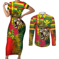 Hawaiian Reggae Couples Matching Short Sleeve Bodycon Dress and Long Sleeve Button Shirt Kakau Art Motifs with Ohia Lehua and Rastafari Lion - Polynesian Pride