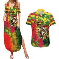 Hawaiian Reggae Couples Matching Summer Maxi Dress and Hawaiian Shirt Kakau Art Motifs with Ohia Lehua and Rastafari Lion - Polynesian Pride
