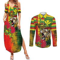 Hawaiian Reggae Couples Matching Summer Maxi Dress and Long Sleeve Button Shirt Kakau Art Motifs with Ohia Lehua and Rastafari Lion - Polynesian Pride
