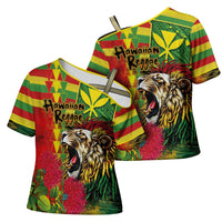 Hawaiian Reggae Cross Shoulder Shirt Kakau Art Motifs with Ohia Lehua and Rastafari Lion - Polynesian Pride